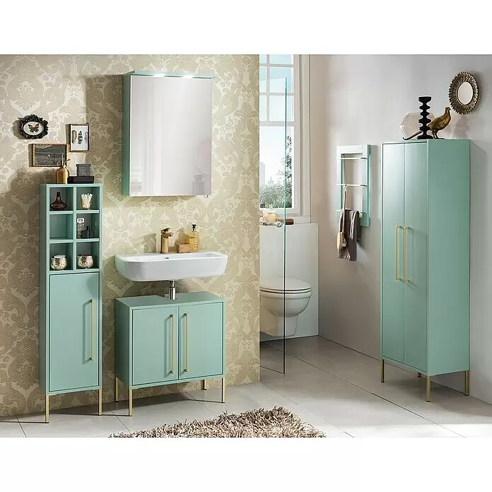 Schildmeyer LED-Spiegelschrank Spot - B x H: 50,4 x 72,3 cm, Spanplatte, Mint - Minzgrüne Badmöbel mit goldenen Griffen und Beinen: Hoch-, Waschbecken- und Beistellschrank im Badezimmer.