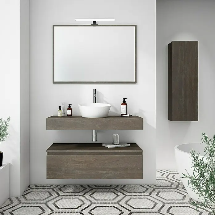 Mueble bajo de lavabo Aidan - L x An x Al: 45 x 100 x 30 cm, Strom - Tocador de baño moderno con mueble flotante y espejo con iluminación para un ambiente elegante.