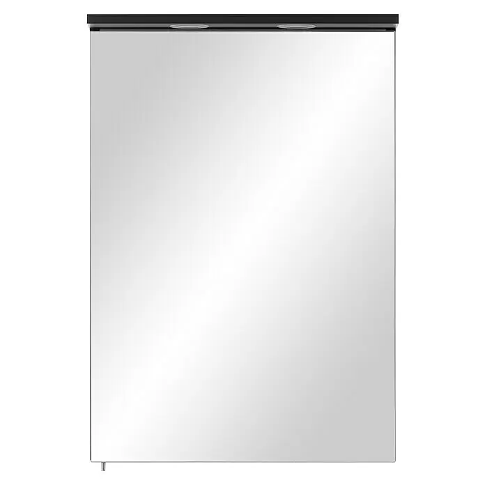 Schildmeyer Sarah LED-Spiegelschrank Spot - B x H: 50,4 x 72,3 cm, Spanplatte, Schwarz - Rechteckiger Spiegelschrank mit schwarzer Oberseite und zwei integrierten runden Lichtern. Ein kleiner silberner Stützfuß ist unten links sichtbar.