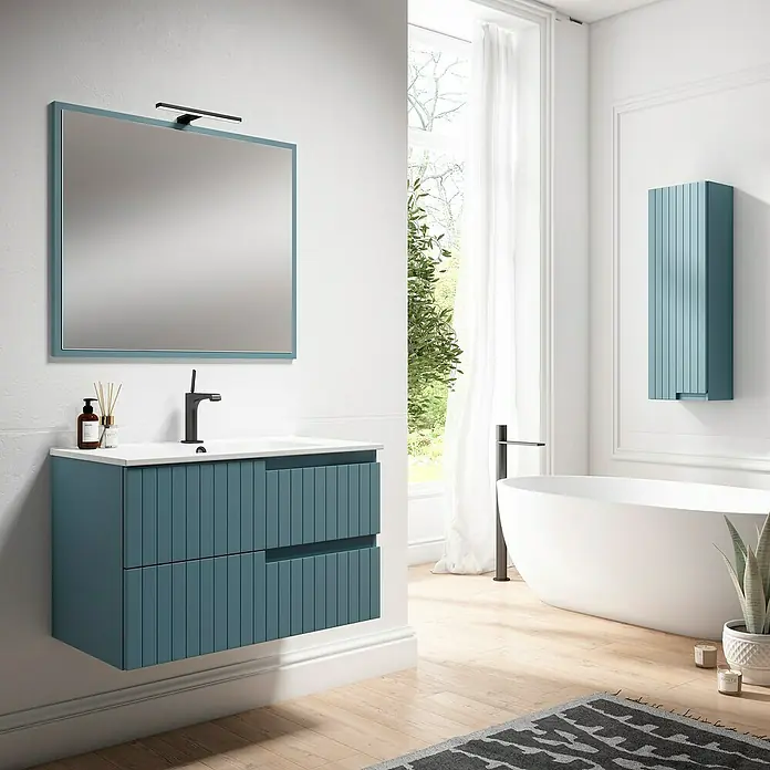 Armario colgante de baño Claire - L x An x Al: 25 x 35 x 110 cm, Azul - Elegante interior de baño con un elegante tocador verde azulado con cajones ranurados y espejo a juego.