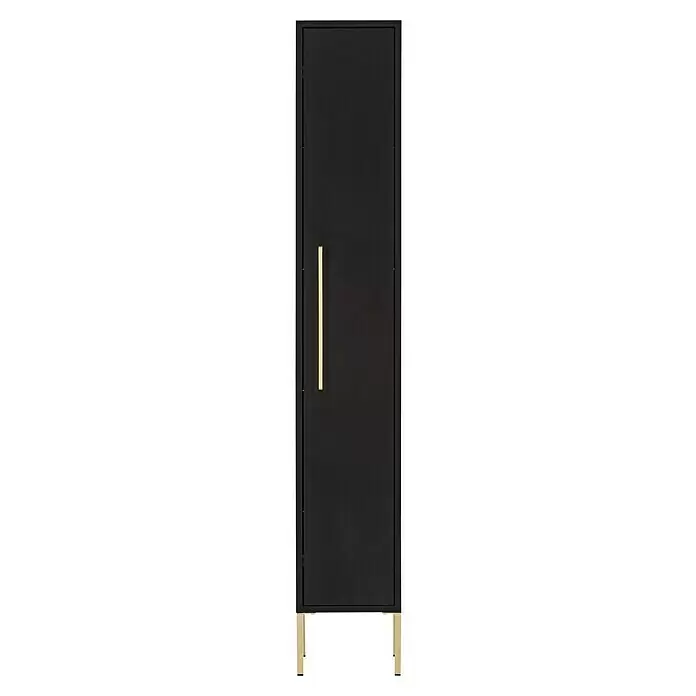Schildmeyer Sarah Highboard - 25 x 30 x 154,7 cm, Schwarz, Matt - Hoher schwarzer Schrank mit vertikalem goldenem Griff und goldenen Beinen.