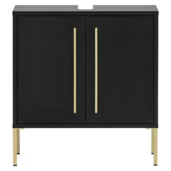 Schildmeyer Sarah Waschtischunterschrank - 57,1 x 30,1 x 61,2 cm, Schwarz, Matt - Schwarzer Schrank mit zwei Türen, langen goldfarbenen Griffen und goldenen Beinen, oben mit Ausschnitt für ein Waschbecken.