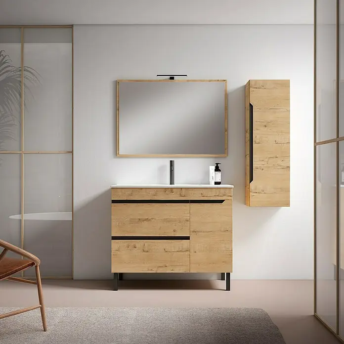 Mueble bajo de lavabo Laos - L x An x Al: 45 x 70 x 83,5 cm, Nogal/Negro - Conjunto de muebles de baño con mueble bajo lavabo de madera, espejo y armario de pared para un ambiente elegante.