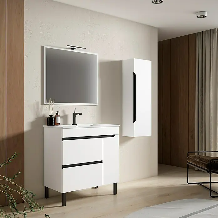 Armario colgante de baño Simbol/Laos/Nilo - 35 x 25 x 110 cm, Blanco - Mueble de lavabo blanco con espejo y armario colgante para un diseño de baño moderno. Muebles de baño prácticos.