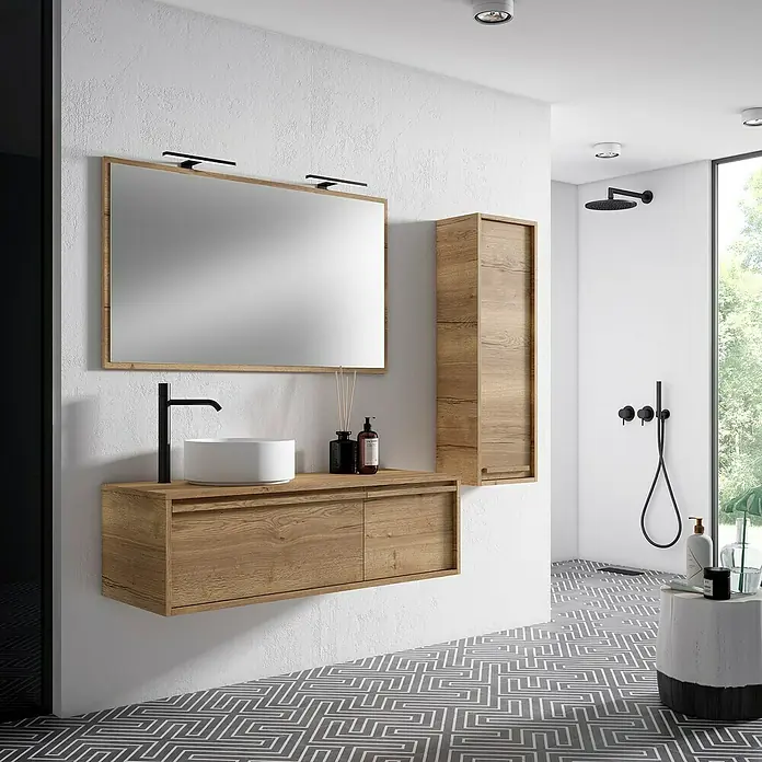 Armario colgante de baño de baño - 35 x 25 x 110 cm, Roble - Baño moderno con mueble de lavabo de madera, espejo y decoración elegante para un espacio funcional.