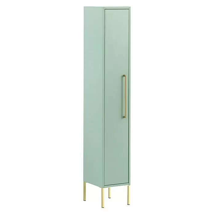 Schildmeyer Sarah Highboard - 25 x 30 x 154,7 cm, Mint, Matt - Hellgrüner Hochschrank mit einer Tür, langem goldenen Griff und goldenen Beinen.