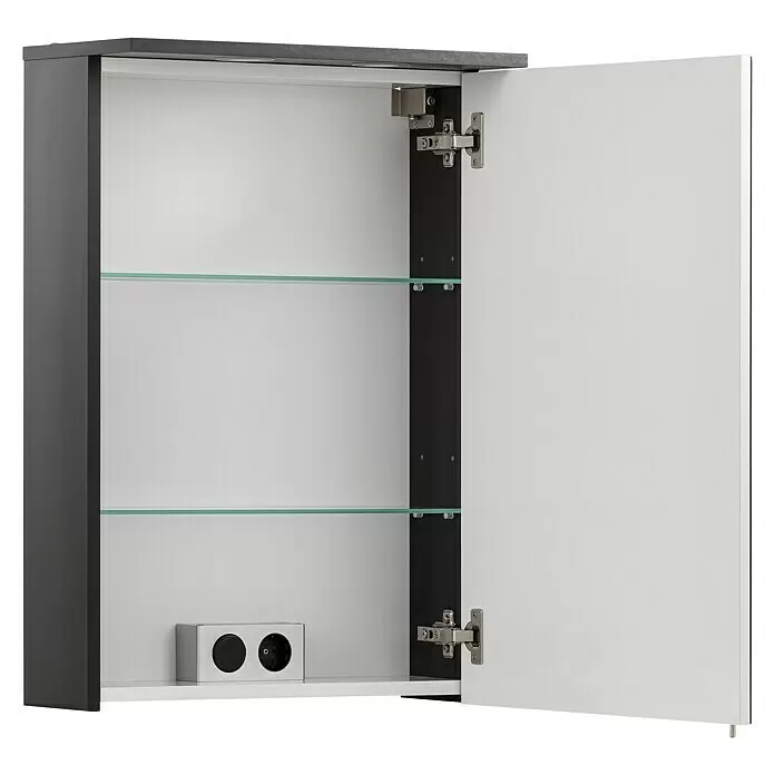 Schildmeyer Sarah LED-Spiegelschrank Spot - B x H: 50,4 x 72,3 cm, Spanplatte, Schwarz - Offener anthrazit-weißer Wandschrank mit Glasböden, integrierter Beleuchtung und Steckdose.