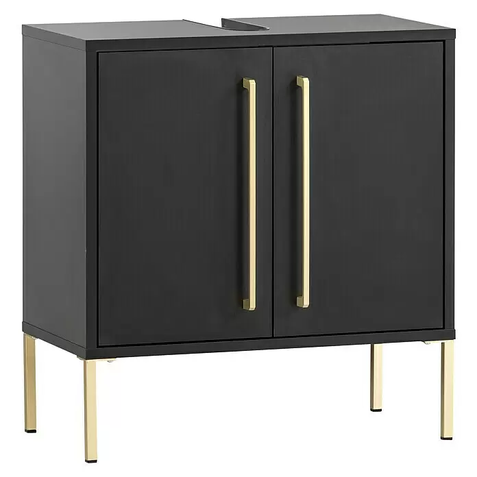 Schildmeyer Sarah Waschtischunterschrank - 57,1 x 30,1 x 61,2 cm, Schwarz, Matt - Schwarzer Badunterschrank mit zwei Türen, goldenen Stangengriffen und Beinen, mit Aussparung für ein Waschbecken.