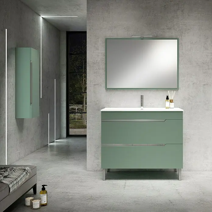 Armario colgante de baño Simbol/Laos/Nilo - 35 x 25 x 110 cm, Olivo - Un baño moderno con un mueble de lavabo verde, un espejo y un armario de pared. El diseño minimalista se destaca con luces LED.
