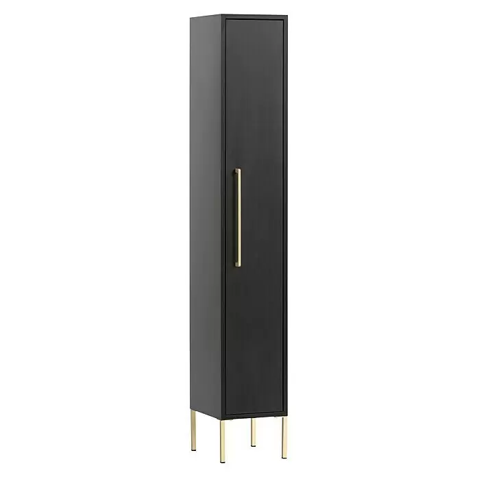 Schildmeyer Sarah Highboard - 25 x 30 x 154,7 cm, Schwarz, Matt - Schlanker schwarzer Schrank mit Einzeltür, langem goldenen Griff und goldenen Metallbeinen.