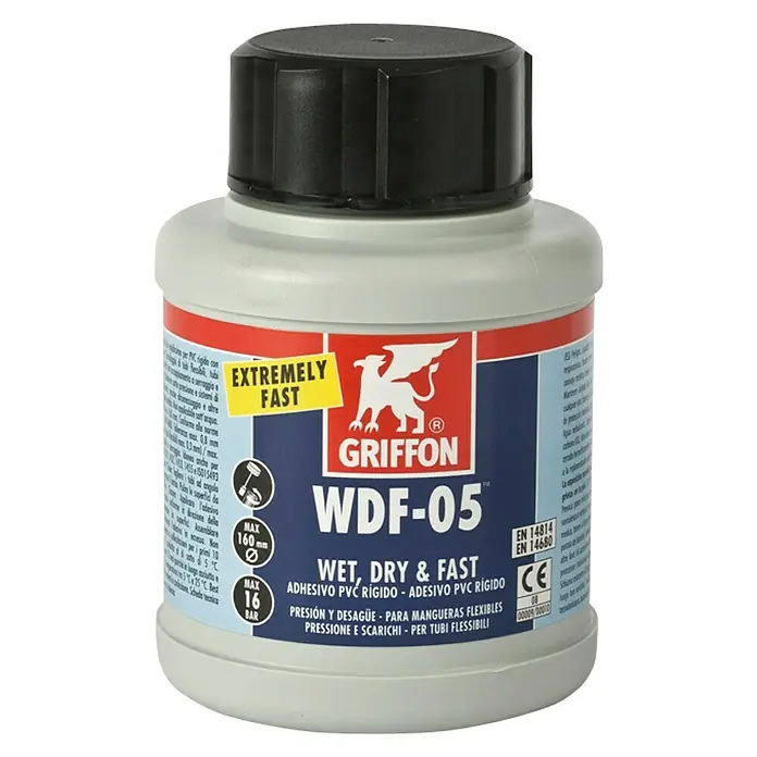 Adhesivo PVC rígido para tubos flexibles WDF-05 - 250 ml - Adhesivo de PVC Griffon WDF-05, ideal para conexiones rápidas y fiables en áreas sanitarias y de instalación.