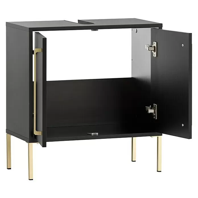 Schildmeyer Sarah Waschtischunterschrank - 57,1 x 30,1 x 61,2 cm, Schwarz, Matt - Offener dunkelgrauer Waschtischunterschrank mit goldenen Beinen und Griff, mit Ausschnitt für ein Waschbecken.