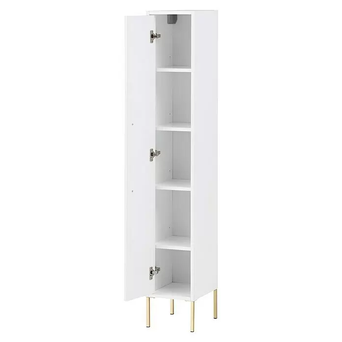 Schildmeyer Sarah Highboard - 25 x 30 x 154,7 cm, Kreideweiß, Matt - Weißer hoher Schrank mit goldenen Beinen und offener Tür, die mehrere Regalböden zeigt.