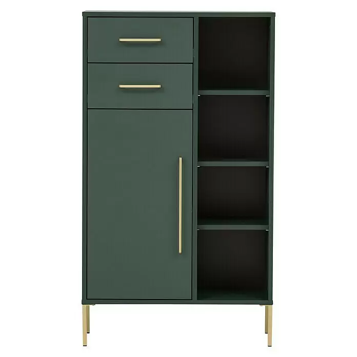Schildmeyer Kent Highboard - 67,1 x 33,1 x 117,4 cm, Waldgrün, Matt - Dunkelgrüner Schrank mit 2 Schubladen, einer Tür, 3 offenen Regalen und goldenen Akzenten.
