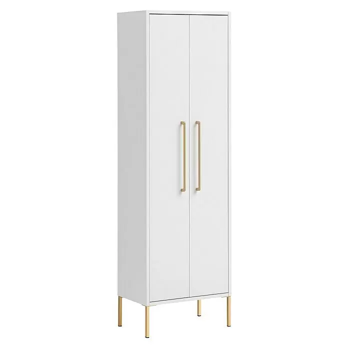 Schildmeyer Sarah Highboard - 46,2 x 30,1 x 154,7 cm, Kreideweiß, Matt - Weißer zweitüriger Kleiderschrank mit goldenen Griffen und Beinen.