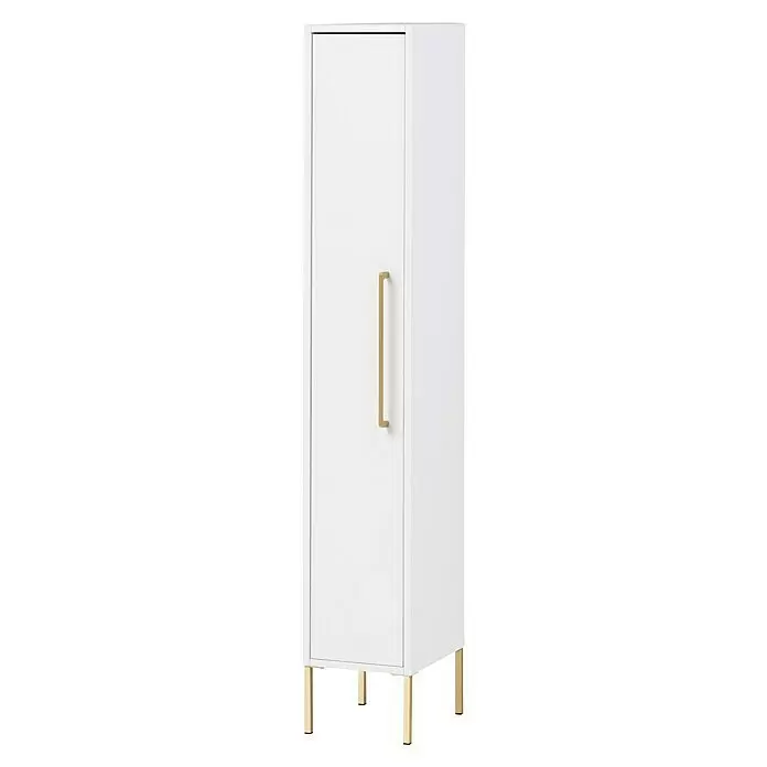 Schildmeyer Sarah Highboard - 25 x 30 x 154,7 cm, Kreideweiß, Matt - Weißer Schrank mit goldenem Griff und vier goldenen Beinen.