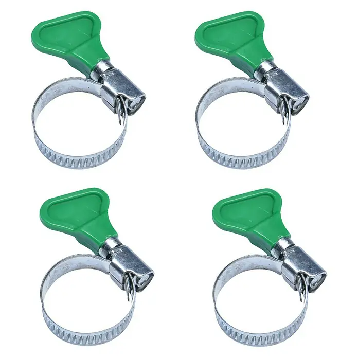 Connex Surtido de abrazaderas para manguera 16 - 25 mm - 4 pzs., Acero inoxidable - Cuatro abrazaderas con mango verde para conexiones seguras y fáciles en diversas aplicaciones.