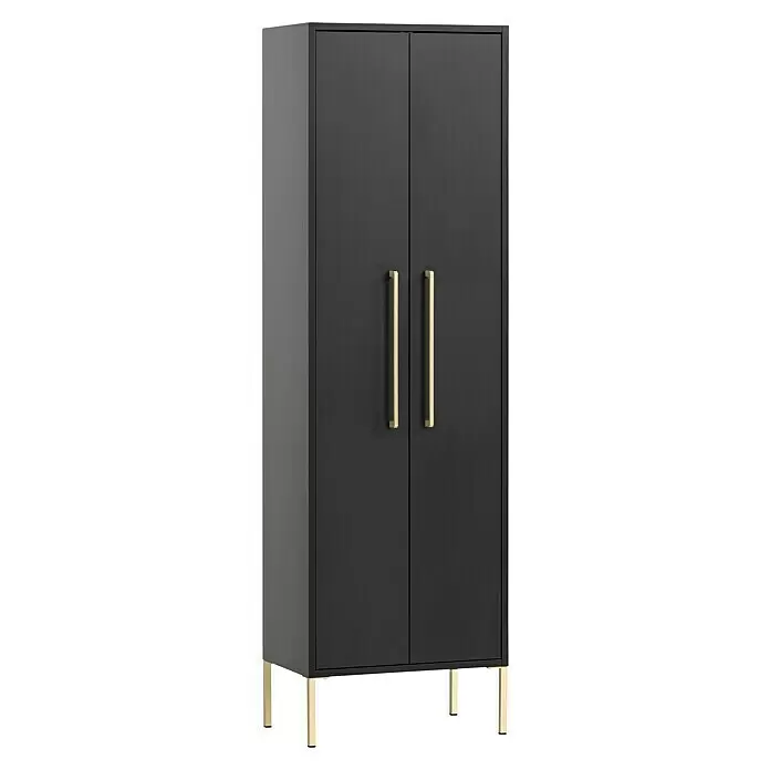 Schildmeyer Sarah Highboard - 46,2 x 30,1 x 154,7 cm, Schwarz, Matt - Mattes schwarzes Zweitür-Schrank mit langen Goldgriffen und -beinen.