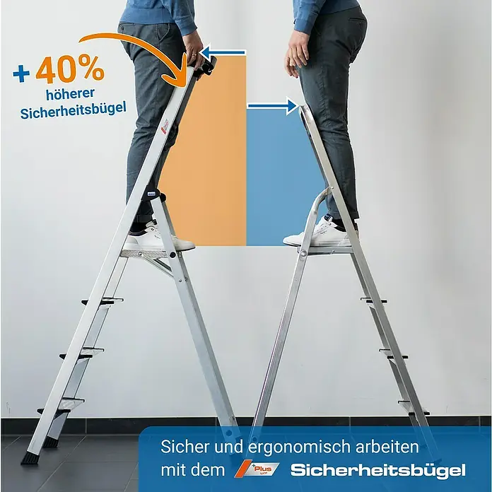 Krause PlusLine Stehleiter Safety - Anzahl Tritte: 3 Stk., Arbeitshöhe: 2,65 m, Aluminium - Die Plus Line Sicherheitsleiter bietet mit ihrem 40 % höheren Sicherheitsbügel sicheren Halt und ergonomisches Arbeiten.