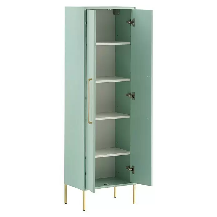 Schildmeyer Sarah Highboard - 46,2 x 30 x 154,7 cm, Mint, Matt - Hoher mintgrüner Schrank mit goldenen Beinen und Griff, eine Tür offen zeigt weiße Regale.