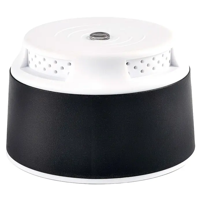 Repelente de roedores por ultrasonidos Pest Shield - Funciona con pilas, Sin pilas - Primer plano de un detector de humo, con una parte superior blanca y una base negra. Un dispositivo esencial para la seguridad del hogar.