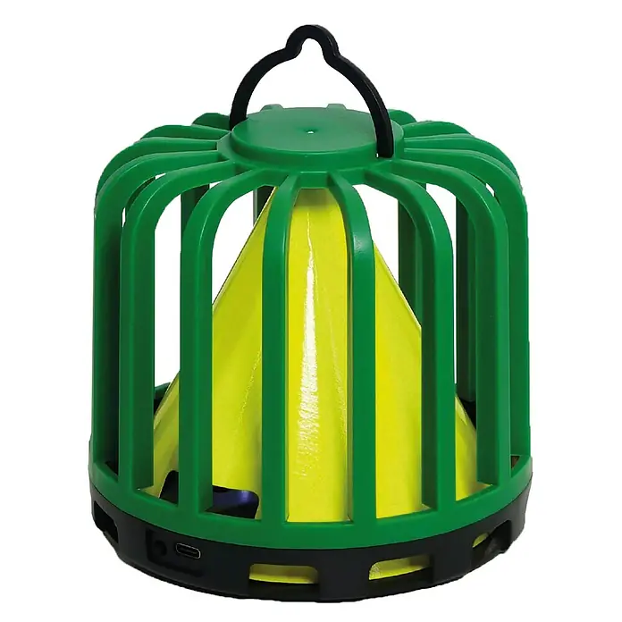 Juego de recambio de conos Cactus - Protección contra: Insectos voladores - La imagen muestra una lámpara de cono amarilla dentro de una jaula verde, ofreciendo una solución de iluminación única y llamativa. Cuenta con una manija de transporte.