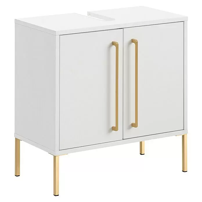 Schildmeyer Sarah Waschtischunterschrank - 57,1 x 30,1 x 61,2 cm, Kreideweiß, Matt - Weißer Badezimmerunterschrank mit zwei Türen, goldenen Griffen und Beinen, und Ausschnitt für ein Waschbecken.