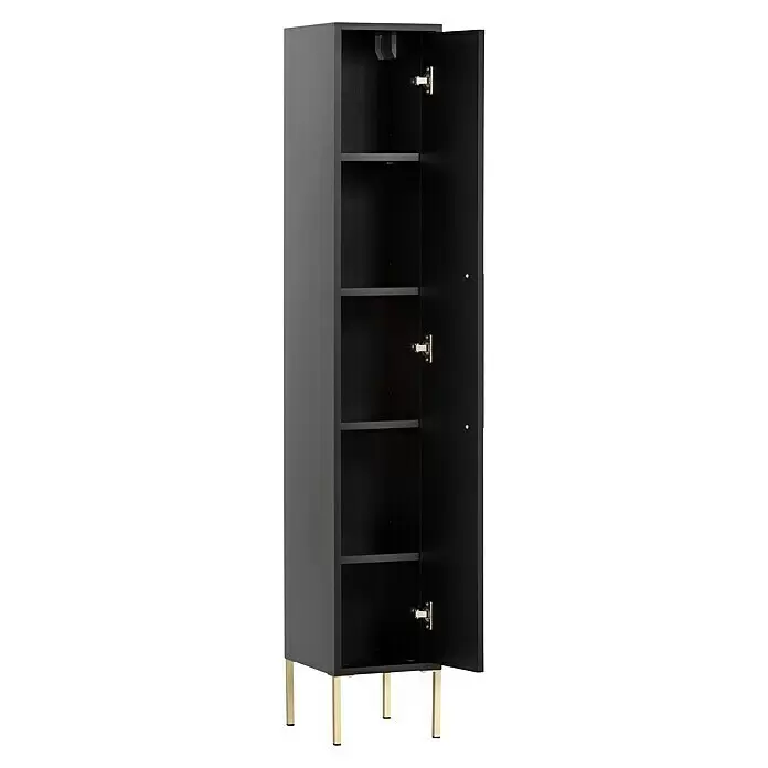 Schildmeyer Sarah Highboard - 25 x 30 x 154,7 cm, Schwarz, Matt - Hoher schwarzer Schrank mit mehreren Regalböden und geöffneter Tür, die drei Innenregale und goldfarbene Beine zeigt.