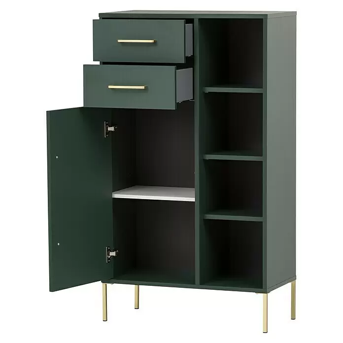 Schildmeyer Kent Highboard - 67,1 x 33,1 x 117,4 cm, Waldgrün, Matt - Dunkelgrüner Schrank mit zwei Schubladen, einer Tür, offenen Fächern und goldenen Beinen/Griffen.
