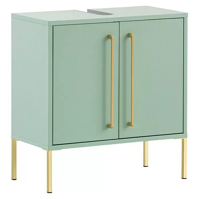 Schildmeyer Sarah Waschtischunterschrank - 57,1 x 30,1 x 61,2 cm, Mint, Matt - Hellgrüner Badezimmer-Waschtischunterschrank mit goldfarbenen Griffen und Beinen und einer oberen Aussparung für ein Waschbecken.