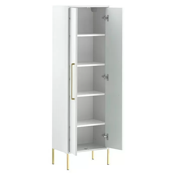 Schildmeyer Sarah Highboard - 46,2 x 30,1 x 154,7 cm, Kreideweiß, Matt - Weißer Hochschrank mit goldenen Beinen und Griff, offene Tür zeigt Innenregale.