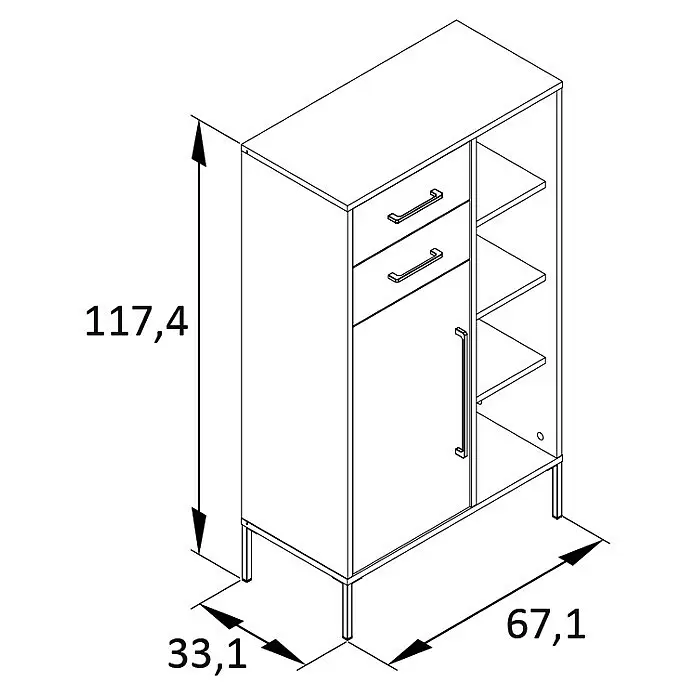 Schildmeyer Kent Highboard - 67,1 x 33,1 x 117,4 cm, Waldgrün, Matt - Technische Zeichnung eines Schranks mit zwei Schubladen, einer Tür und offenen Fächern, mit Maßen.