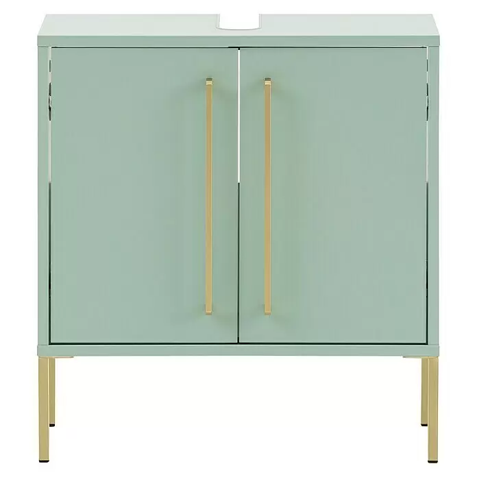 Schildmeyer Sarah Waschtischunterschrank - 57,1 x 30,1 x 61,2 cm, Mint, Matt - Hellgrüner Waschtischunterschrank mit zwei Türen, goldenen Griffen, goldenen Beinen und Sinkausschnitt.