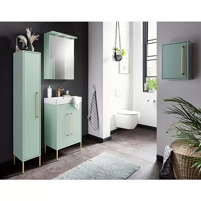 Schildmeyer Sarah Highboard - 25 x 30 x 154,7 cm, Mint, Matt - Modernes hellgrünes Badmöbelset mit Hochschrank, Waschtisch, Spiegelschrank und Wandschrank mit Messingakzenten.