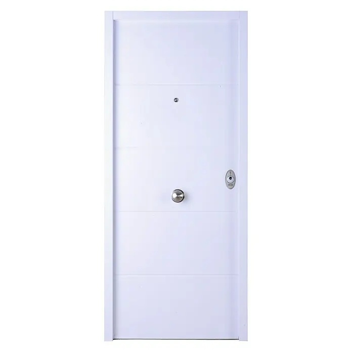 SegureStil Puerta de entrada exterior VH500 Serie V - 90 x 207 cm, Izquierda, Blanco, Acorazada - Puerta de entrada blanca con pomo plateado y ojo de la cerradura. Una puerta moderna para una entrada segura y elegante.