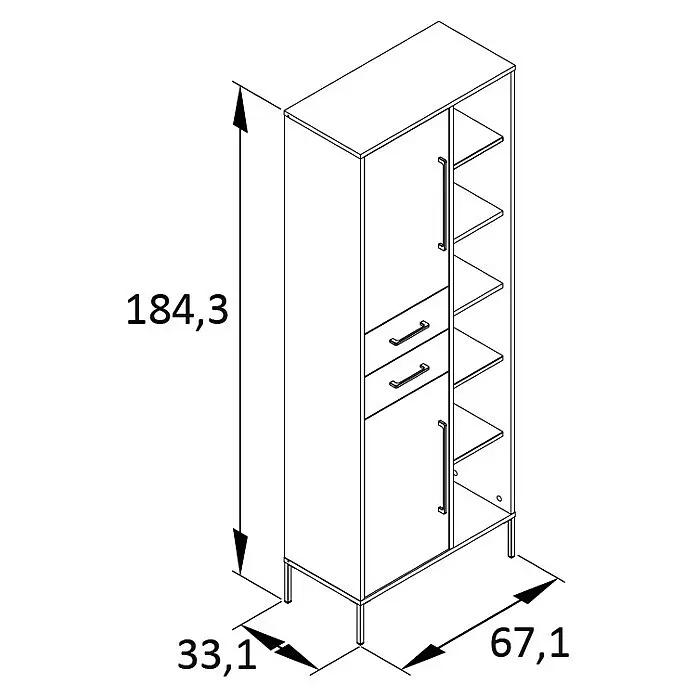 Schildmeyer Kent Hochschrank - 67,1 x 33,1 x 184,3 cm, Waldgrün, Matt - Strichzeichnung eines hohen, modernen Schranks mit zwei Türen, zwei Schubladen und offenen Regalen, Maße angezeigt.