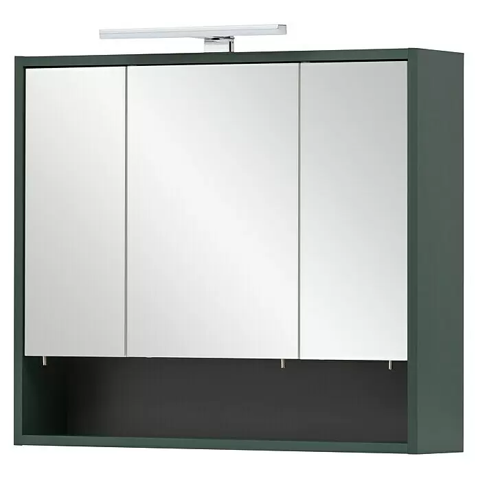 Schildmeyer Kent LED-Spiegelschrank - B x H: 70 x 64,2 cm, Spanplatte, Waldgrün - Dunkelgrüner Badezimmerspiegelschrank mit drei Spiegeltüren, integrierter Leuchte und offenem Fach.
