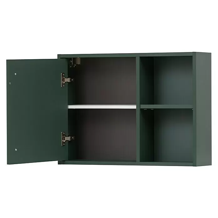 Schildmeyer Kent Oberschrank - 66,8 x 16 x 48,4 cm, Waldgrün, Matt - Dunkelgrüner Wandschrank mit offener Tür, der ein weißes Regal und offene Fächer zeigt.