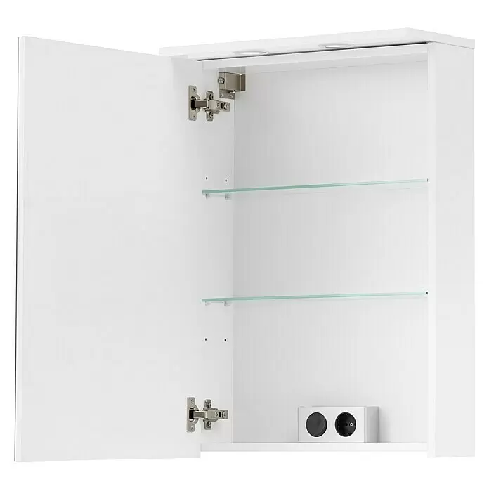 Schildmeyer Sarah LED-Spiegelschrank Spot - B x H: 50,4 x 72,3 cm, Spanplatte, Kreideweiß - Weißer, offener Spiegelschrank mit zwei Glasböden und integrierter Steckdose.
