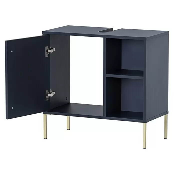 Schildmeyer Kent Waschtischunterschrank - 65,3 x 33,1 x 63,3 cm, Nachtblau - Dunkelblauer Waschtischunterschrank mit offener Tür, Innenregalen und goldenen Beinen.