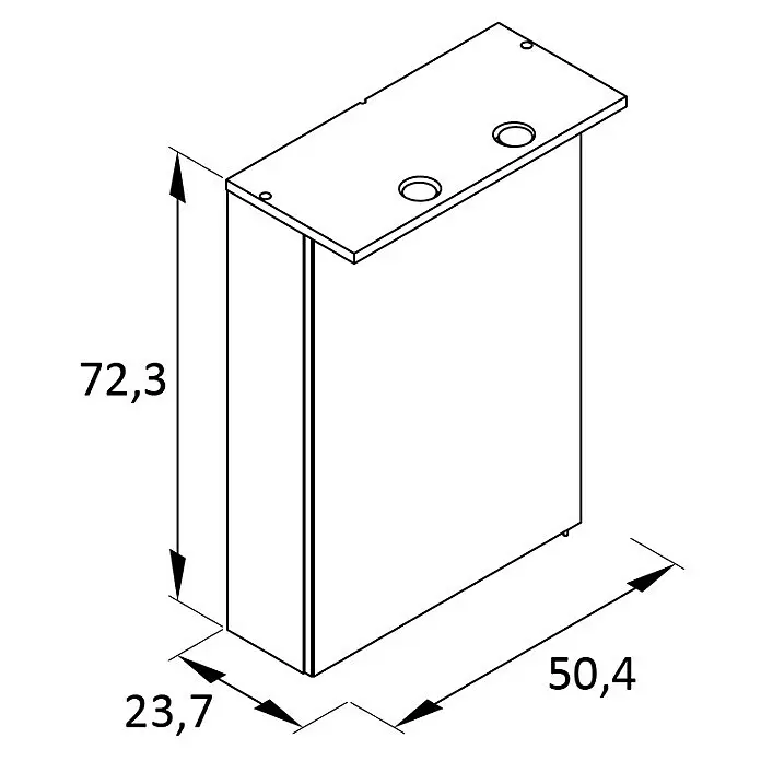 Schildmeyer LED-Spiegelschrank Spot - B x H: 50,4 x 72,3 cm, Spanplatte, Mint - Technische Zeichnung eines rechteckigen Schranks mit zwei runden Aussparungen oben. Maße: Höhe 72,3, Breite 50,4, Tiefe 23,7.