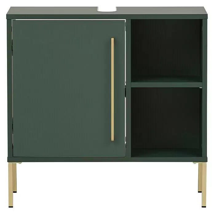 Schildmeyer Kent Waschtischunterschrank - 65,3 x 33,1 x 63,3 cm, Waldgrün, Matt - Dunkelgrüner Waschtischunterschrank mit Schiebetür, offenen Fächern, goldenem Griff und goldenen Beinen.