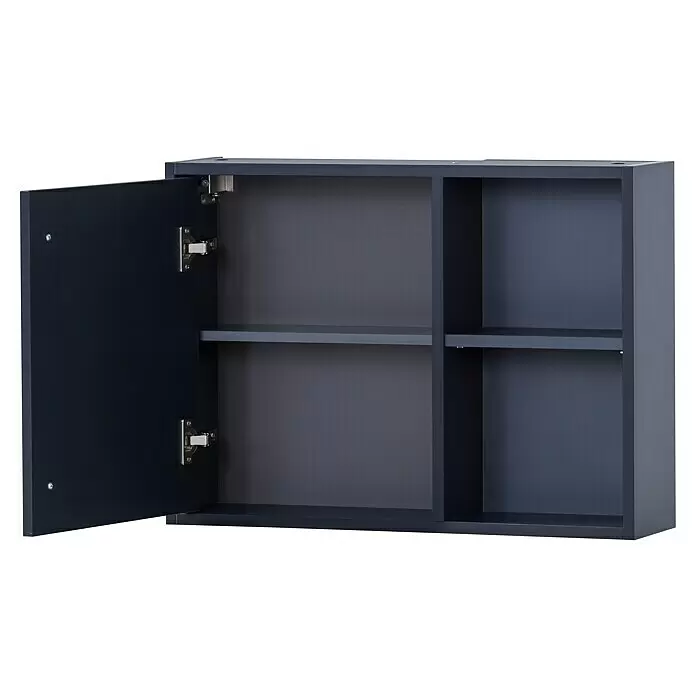Schildmeyer Kent Oberschrank - 66,8 x 16 x 48,4 cm, Nachtblau - Dunkelgrauer Wandschrank mit offener Tür links, die ein Regal zeigt, und zwei offene Regale rechts.