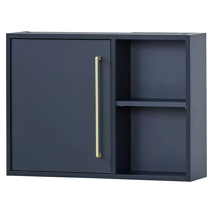 Schildmeyer Kent Oberschrank - 66,8 x 16 x 48,4 cm, Nachtblau - Dunkelblauer Wandschrank mit goldenem Griff, mit geschlossenem Fach und offenen Regalen.
