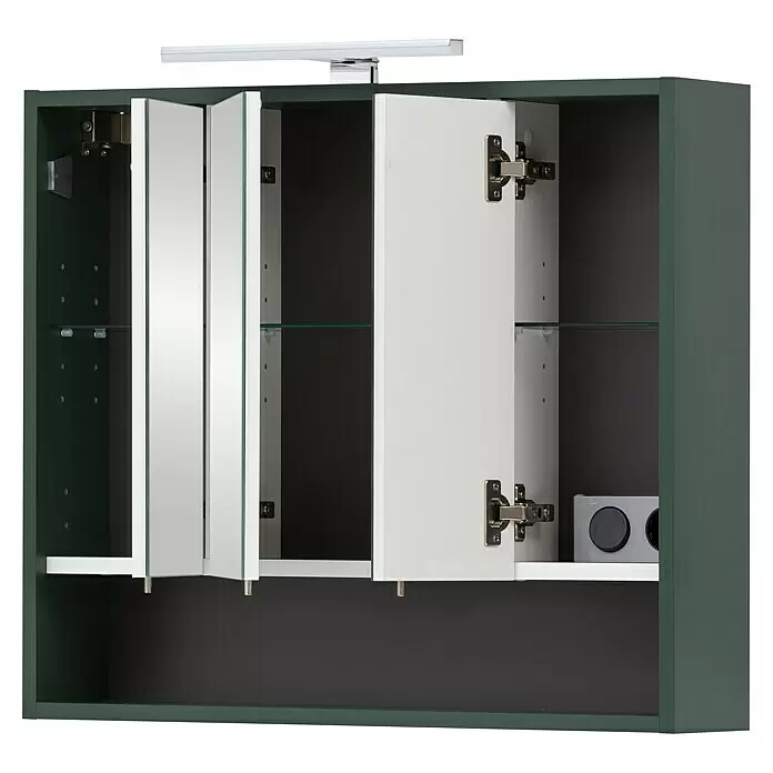 Schildmeyer Kent LED-Spiegelschrank - B x H: 70 x 64,2 cm, Spanplatte, Waldgrün - Dunkelgrüner Wand-Badezimmerschrank mit Spiegeltüren, Glasböden, interner Steckdose und Aufsatzleuchte, teilweise geöffnet.