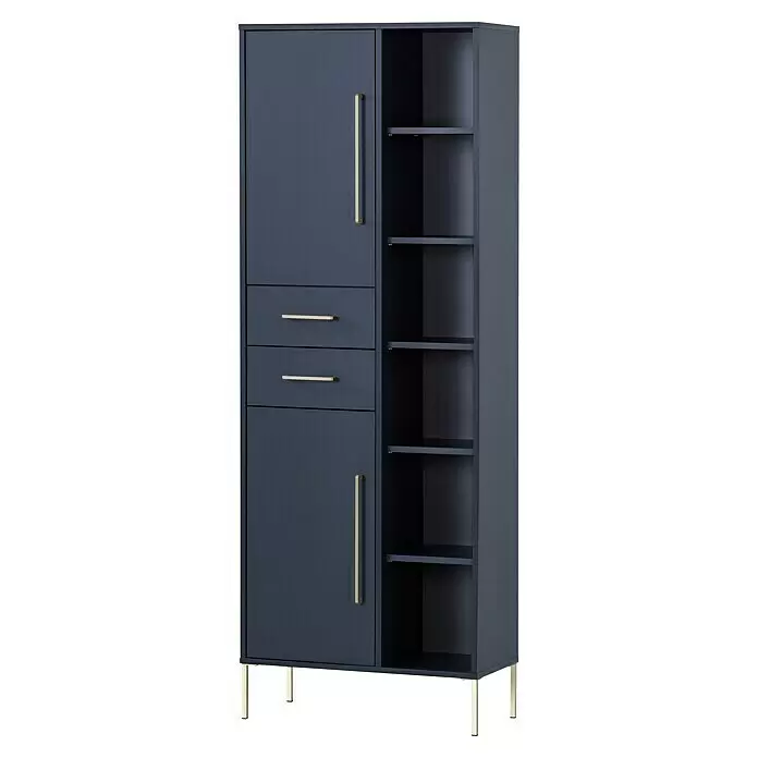 Schildmeyer Kent Hochschrank - 67,1 x 33,1 x 184,3 cm, Nachtblau - Dunkelblauer Schrank mit goldenen Griffen und Beinen, ausgestattet mit Türen, Schubladen und offenen Fächern.