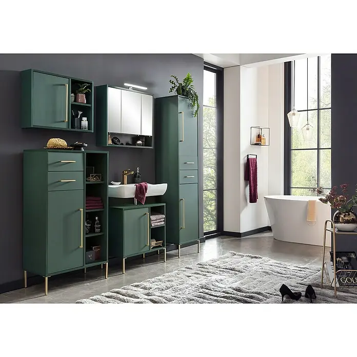 Schildmeyer Kent Waschtischunterschrank - 65,3 x 33,1 x 63,3 cm, Waldgrün, Matt - Ein modernes Badezimmer-Set in Grün mit goldenen Akzenten, inklusive Waschtisch, Spiegelschrank und Hochschrank. Elegantes Design für Ihr Bad.