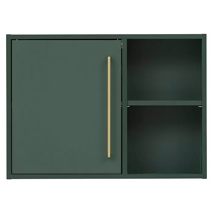 Schildmeyer Kent Oberschrank - 66,8 x 16 x 48,4 cm, Waldgrün, Matt - Dunkelgrüner Wandschrank mit goldener Griff und zwei offenen Regalfächern.