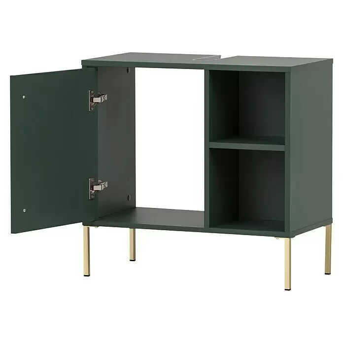 Schildmeyer Kent Waschtischunterschrank - 65,3 x 33,1 x 63,3 cm, Waldgrün, Matt - Dunkelgrüner Waschtischunterschrank mit offener Tür, Fächern und goldenen Beinen. Mit Ausschnitt oben.