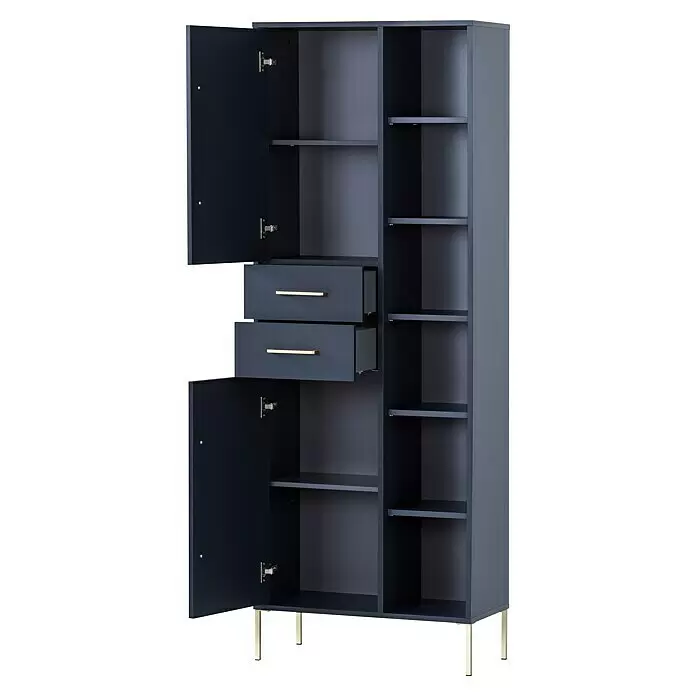 Schildmeyer Kent Hochschrank - 67,1 x 33,1 x 184,3 cm, Nachtblau - Marineblauer Stauraumschrank mit zwei Türen, zwei Schubladen mit goldenen Griffen und offenen Fächern, auf Goldbeinen.
